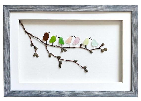 Sea glass art birds, Pebble art, Birds wall art, Mother's Day gift for bird lover, New home gift, Bathroom decor, Framed sea glass art