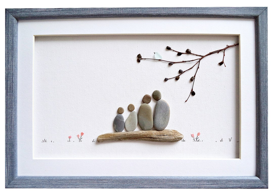 Pebble Art Family of Four, Anniversary Gift Idea for Wife