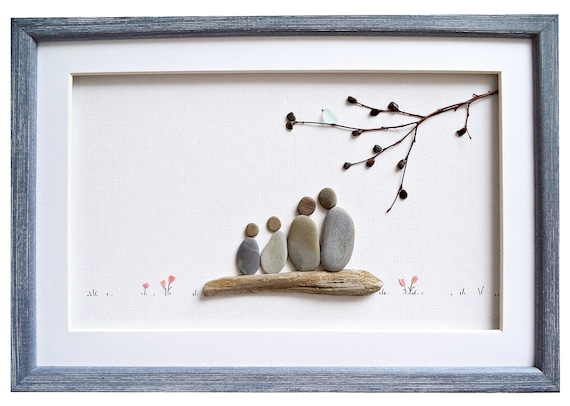 Pebble Art Family of Four, Anniversary Gift Idea for Wife
