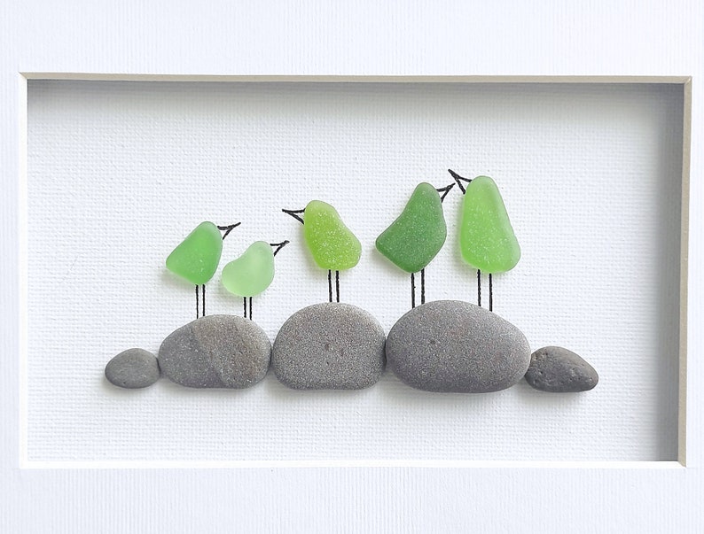 Sea Glass Art Bird Family, Sea Glass Family of 5 Gift, Framed Family