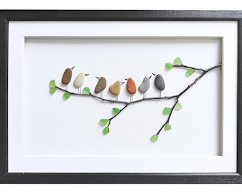 Pebble art birds, Sea glass art, Framed wall art with birds, Birthday gift for bird lover, Rustic home decor, Bathroom decor