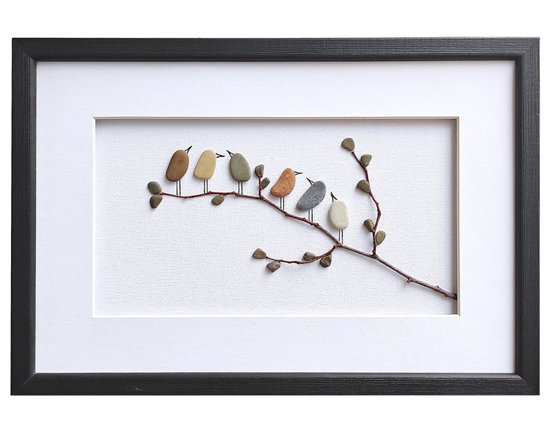 Birds wall art, Pebble art birds, Nursery decor, Rustic home decor, New home housewarming gift, Framed wall art, Bird lover gift, Nature art image 2