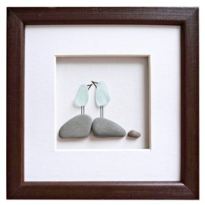Glazen zeevogels, miniatuur kiezelkunst, steenkunstfoto, wanddecoratie badkamer, ingelijste kunst aan de muur met vogels