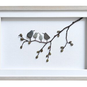 Pebble art birds, Family of four gift, Mother's Day gift for wife, Birds wall art, Stone art family, Grandparents gift, Framed wall art image 7