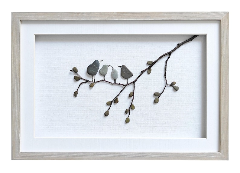 Pebble art birds, Family of four gift, Mother's Day gift for wife, Birds wall art, Stone art family, Grandparents gift, Framed wall art image 7