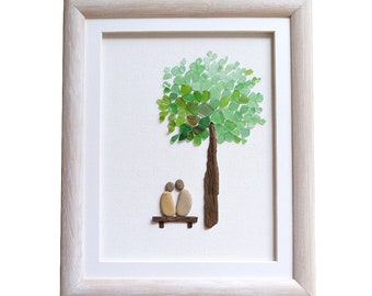 Sea glass art gift for couple, Pebble art, Romantic gift for her / him, Unique wedding gift, engagement or anniversary gift, Framed wall art