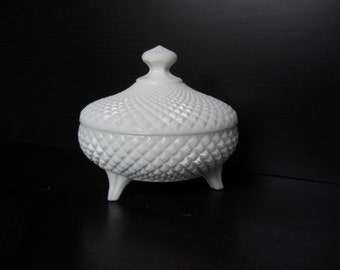 Vintage milk glass covered 3-footed dish