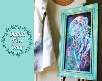 Dancing Space Jellyfish, Floral Fabric Oil Painting, 10" x 20" 300dpi Digital Print [Instant Download]