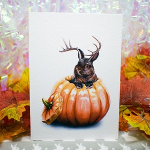 Jack-elope Bunny Pumpkin, Fine Art Print, Watercolor Illustration, Halloween