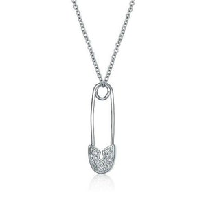 Beaute Fashion Sterling Silver .925 Safety Pin CZ Necklace Pendant 16 inch + 2 inch