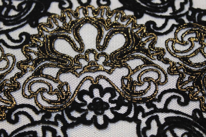 Blue Stretch Mesh Black and Gold metallic embroidered Print