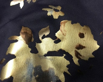 Mesh knit fabric by the yard with digital metallic flowers