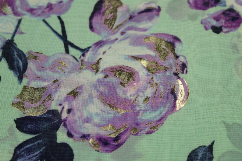 Mint Green Chiffon with flowers and Metallic Gold accent