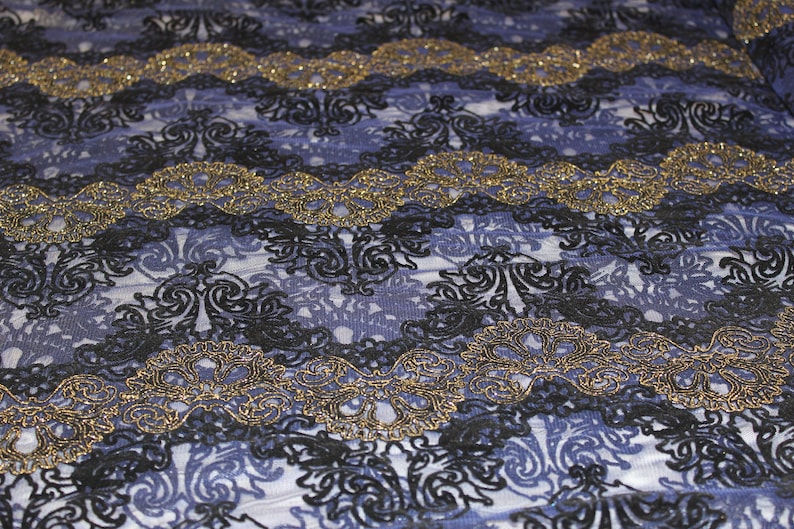 Blue Stretch Mesh Black and Gold metallic embroidered Print