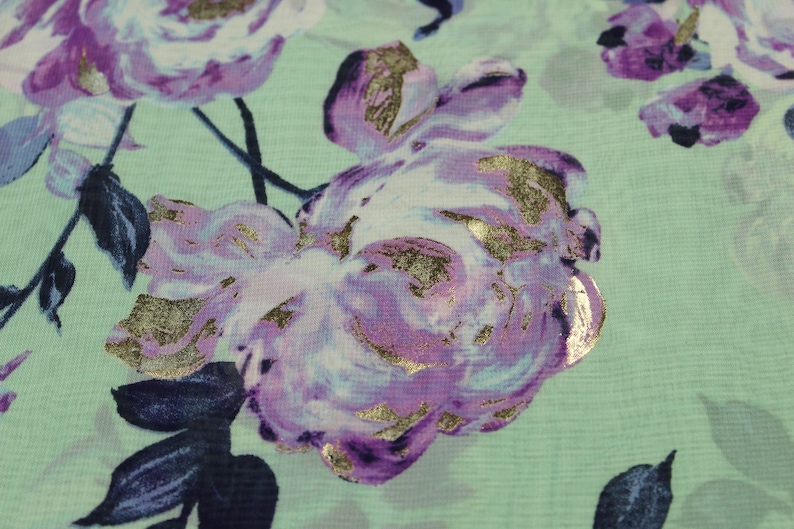 Mint Green Chiffon with flowers and Metallic Gold accent