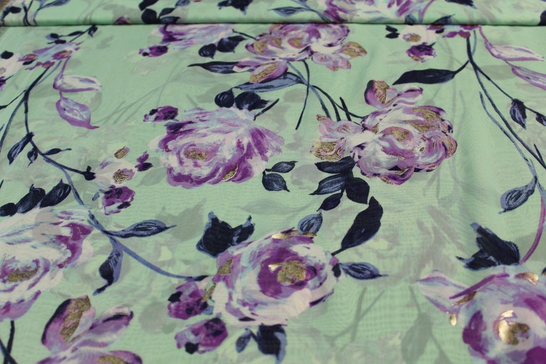 Mint Green Chiffon with flowers and Metallic Gold accent