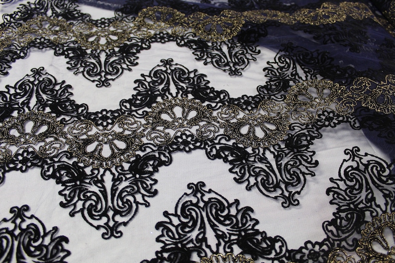 Blue Stretch Mesh Black and Gold metallic embroidered Print