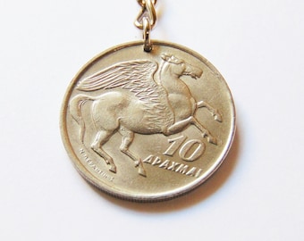 Pegasus Coin Keychain - 1973 Ten Drachma Coin Greece – Pegasus Divine Winged Horse -Greek Mythology -Stainless Steel chain -Total length 8cm