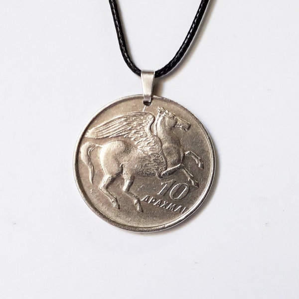 Pegasus Necklace - Pendant 1973 Ten Drachma Coin Greece – Pegasus Divine Winged Horse - Greek Mythology - Adjustable Black Corduroy Cord