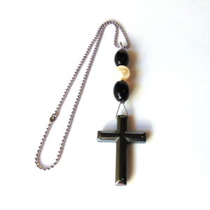Hematite Cross Ornament Car Décor. Car Charm Rear view Mirror Hanging Cross with Black Onyx and Pearl Beads. Hanging Dangler Ornament