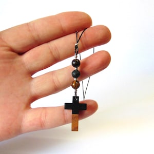Car Charm Rear view Mirror Hanging Cross. Small Wood and Resin Cross Ornament Car Décor.  Dangler Ornament.  Hanging Charm.