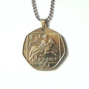 Coin Necklace - Greek Mythology Abduction of Europa - Coin Pendant from Cyprus - Years Issued 1991-2004 -  Ball chain with Lobster claw