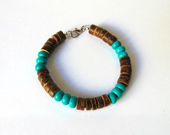 Dark brown Bracelet  with Coconut Heishi beads 8 mm and Turquoise Beads  – Beach / Surfer or bohemian look - Chunky Bracelet