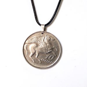 Pegasus Necklace - Pendant 1973 Ten Drachma Coin Greece – Pegasus Divine Winged Horse - Greek Mythology - Adjustable Black Corduroy Cord