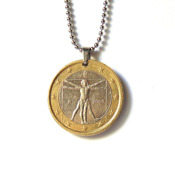 The Vitruvian Man Coin Necklace, Modern coin featuring a Leonardo Da Vinci drawing, Italian Euro coin on a Ball chain