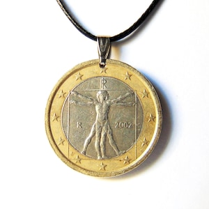 The Vitruvian Man Coin Necklace - Modern coin featuring a Leonardo Da Vinci drawing - Italian Euro coin - Adjustable black Corduroy   cord