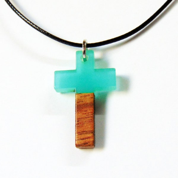 Small Wood and Resin Cross Necklace - Measures 25 x 15 mm – Wooden Cross with Light blue Resin - Celeste - Adjustable black Corduroy cord