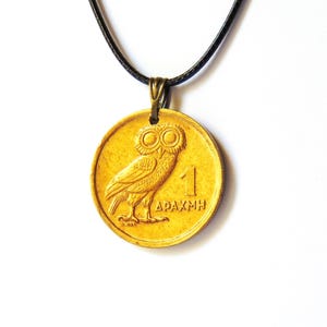 Coin Necklace - Pendant Wise Owl 1973 One Drachma Coin Greece – Owl symbol of goddess Athena - Phoenix rising from its flames - Gift for Her