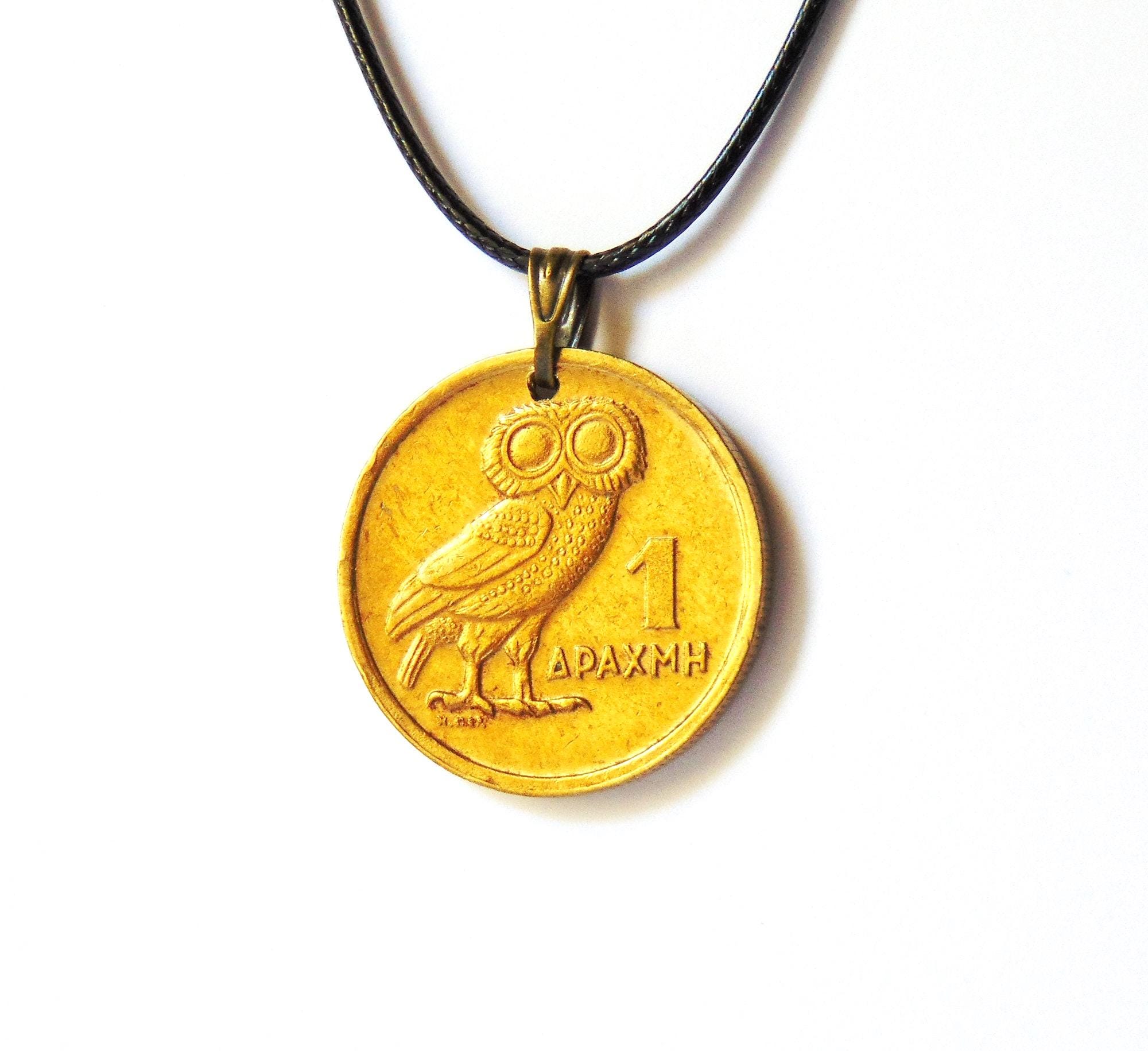 Coin Necklace - Pendant Wise Owl 1973 One Drachma Coin Greece – Owl symbol of goddess Athena -