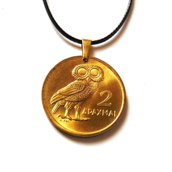 Greek Coin Necklace - Pendant Wise Owl 1973 Two Drachma Coin Greece – Owl symbol of goddess Athena - Phoenix rising from its flames - Gift