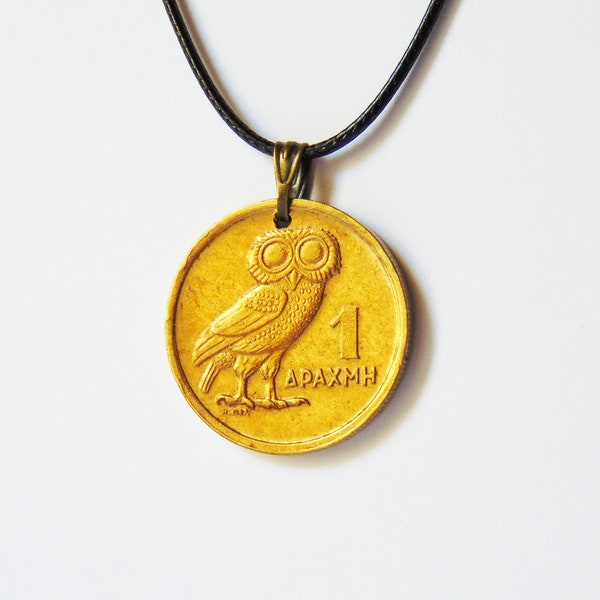 Coin Necklace - Wise Owl 1973 One Drachma Coin from Greece – Owl symbol of goddess Athena - Phoenix rising from its flames - Gift for Her