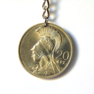 Athena Coin Keychain - 1973 Twenty Drachma Coin Greece – Goddess Athena Greek Mythology - Stainless Steel chain - Total length 3.35 inches