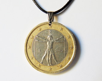 The Vitruvian Man Coin Necklace - Modern coin featuring a Leonardo Da Vinci drawing - Italian Euro coin - Adjustable black Corduroy   cord