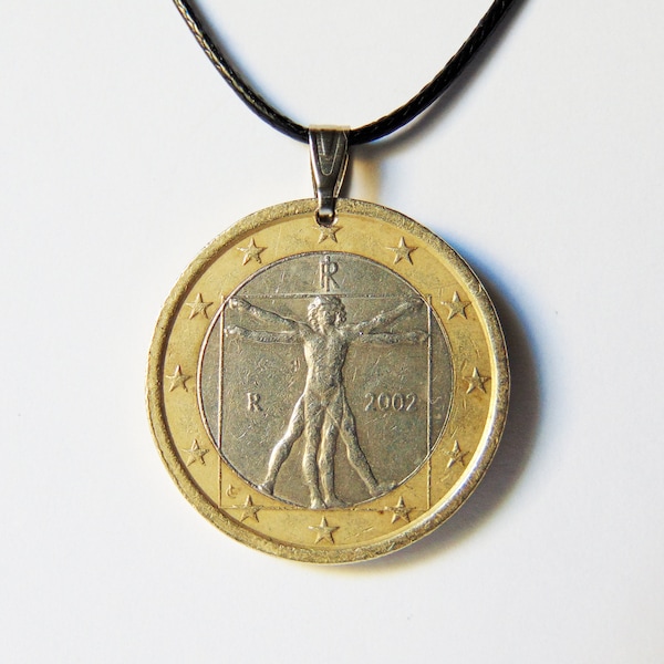 The Vitruvian Man Coin Necklace - Modern coin featuring a Leonardo Da Vinci drawing - Italian Euro coin - Adjustable black Corduroy   cord