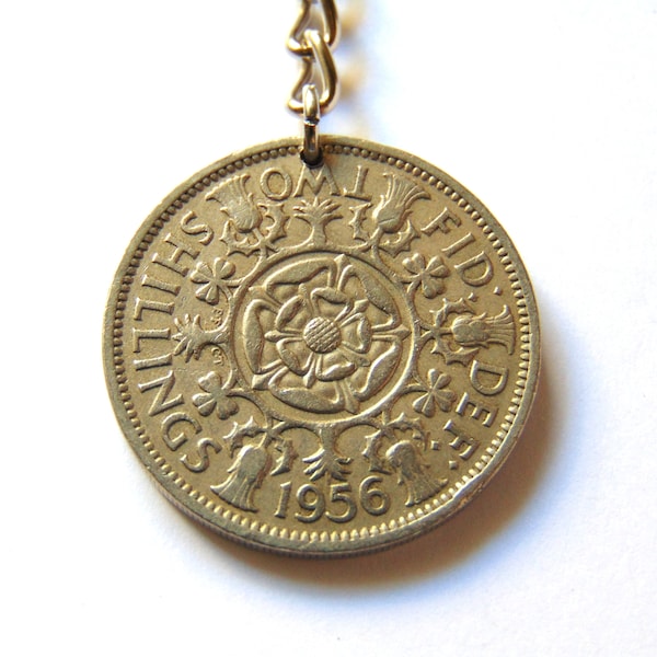 Two Schillings Coin Keychain - Vintage Elizabeth II Coin UK – 1956 Genuine English Coin - Total length 8cm