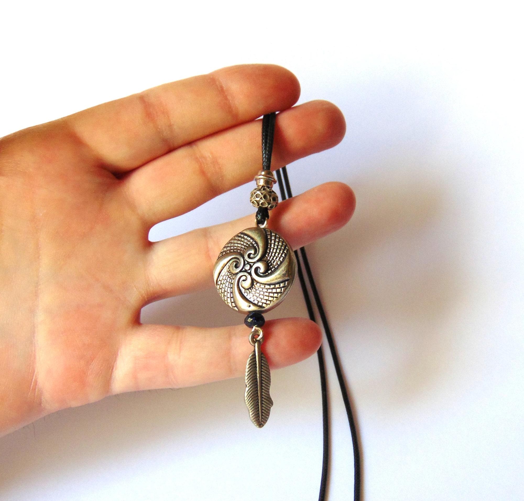 Bohemian Necklace - Antique Silver Symbol Charms with Beads - Silver Tribal Necklace - Boho, Hippie Necklace with Black Corduroy Cord