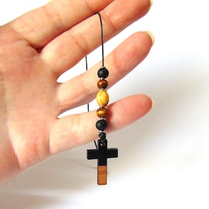 Car Charm Rear view Mirror Hanging Cross - Small Wood and Resin Cross with Wooden Beads - Car Décor - Dangler Ornament - Hanging Charm