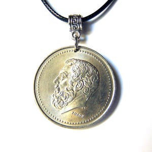 Coin Necklace - Pendant 1980s Fifty Drachma Coin Greece - Solon Ancient Greek Athenian lawmaker - Adjustable black Corduroy   cord