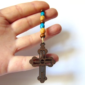 Car Charm Rear view Mirror Hanging Cross - Wooden Cross and Beats - Ornament Car Décor.  Dangler Ornament.  Hanging Charm.