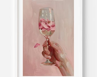 Blush Pink Champagne Print: Rose Petal Wine Glass Art (Digital Download)