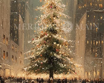 Original Digital Painting Art New York City Festive Holiday Christmas Scene Artwork Decor for Home