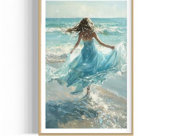 Coastal Woman Art Print: Beach House Ocean Painting (Digital Download)