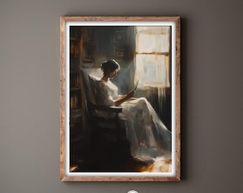 Framed Woman Reading Print: Vintage-Inspired Oil Painting Style Wall Art