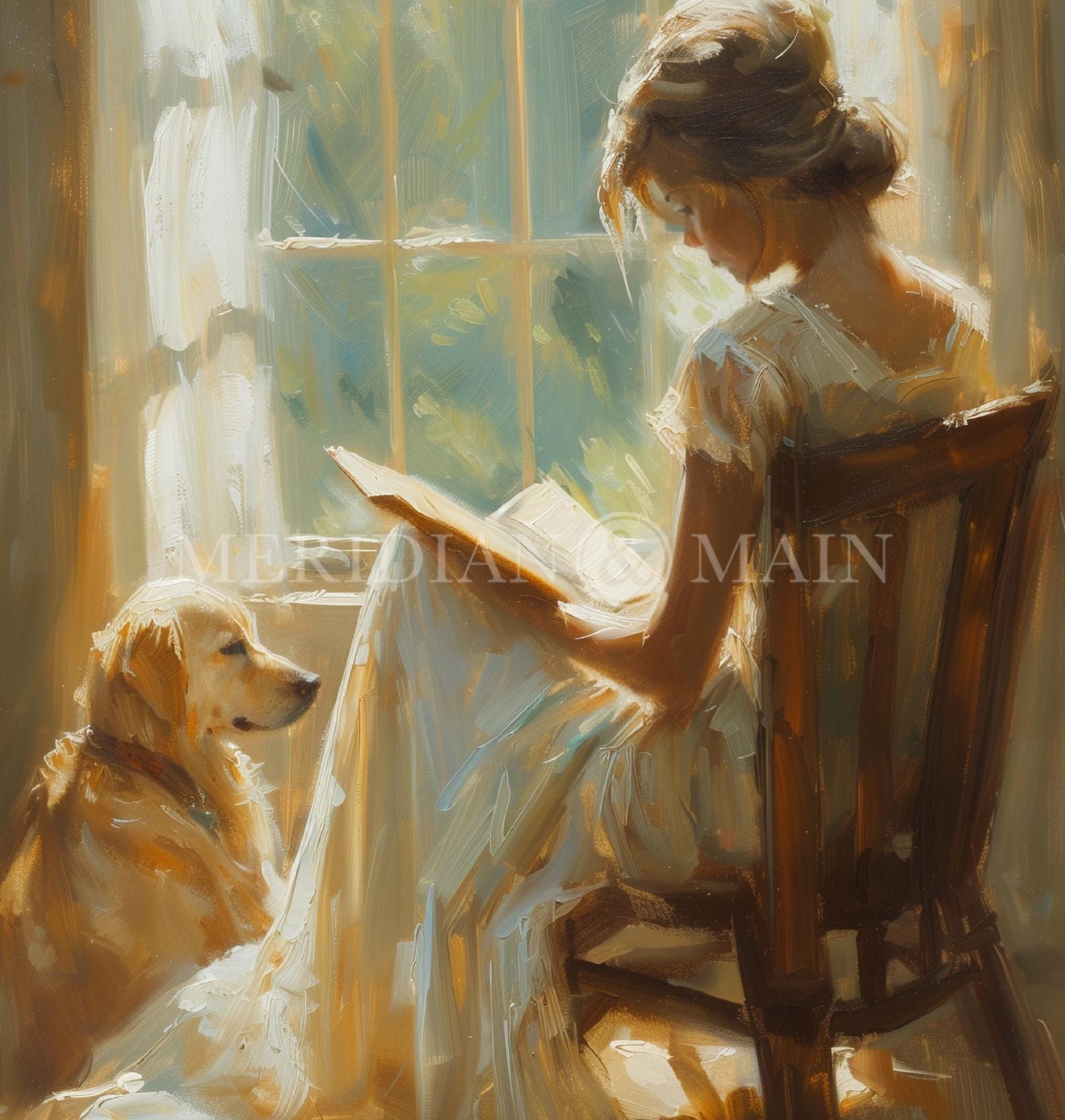 Antique Portrait Woman Reading With Dog by Her Side