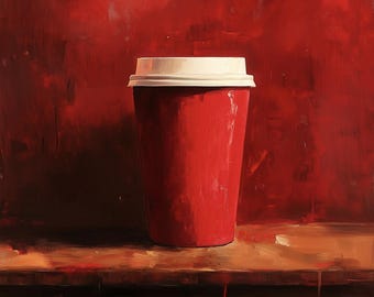 Red Coffee Cup Art Print: Modern Kitchen Cafe Decor (Digital Download)