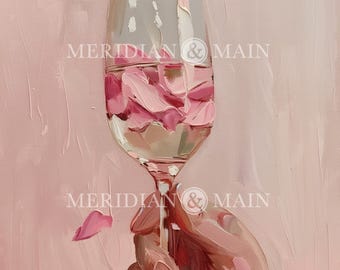 Blush Pink Champagne Print: Rose Petal Wine Glass, Feminine Wall Art